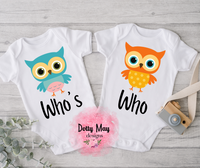 Who's Who Owl Twin T Shirts/Bodysuits